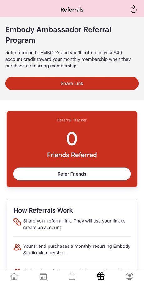 The Referrals tab in the Embody app